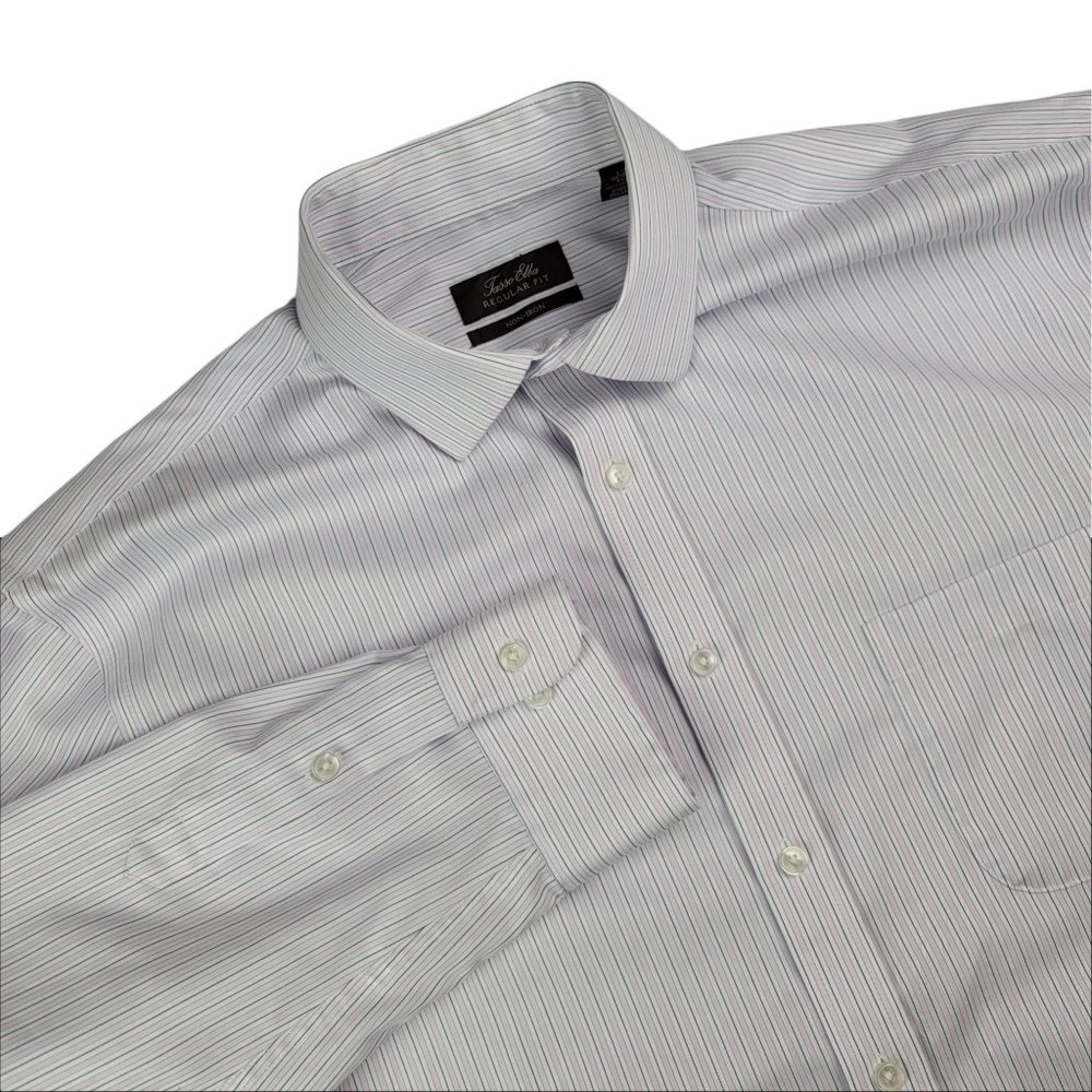 Tasso Elba Men's Dress Shirt Regular Fit Non-Iron XL 17x34/35 Striped White/Pink